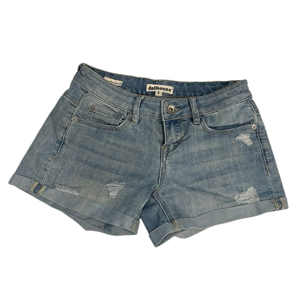 Dollhouse Distressed Denim Jean Shorts Jr Sz Medium Blue‎ Rolled Hem